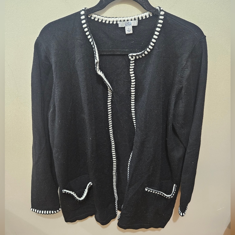 Croft & Barrom Black White Open Front Soft Stretch Long Sweater Cardigan Large